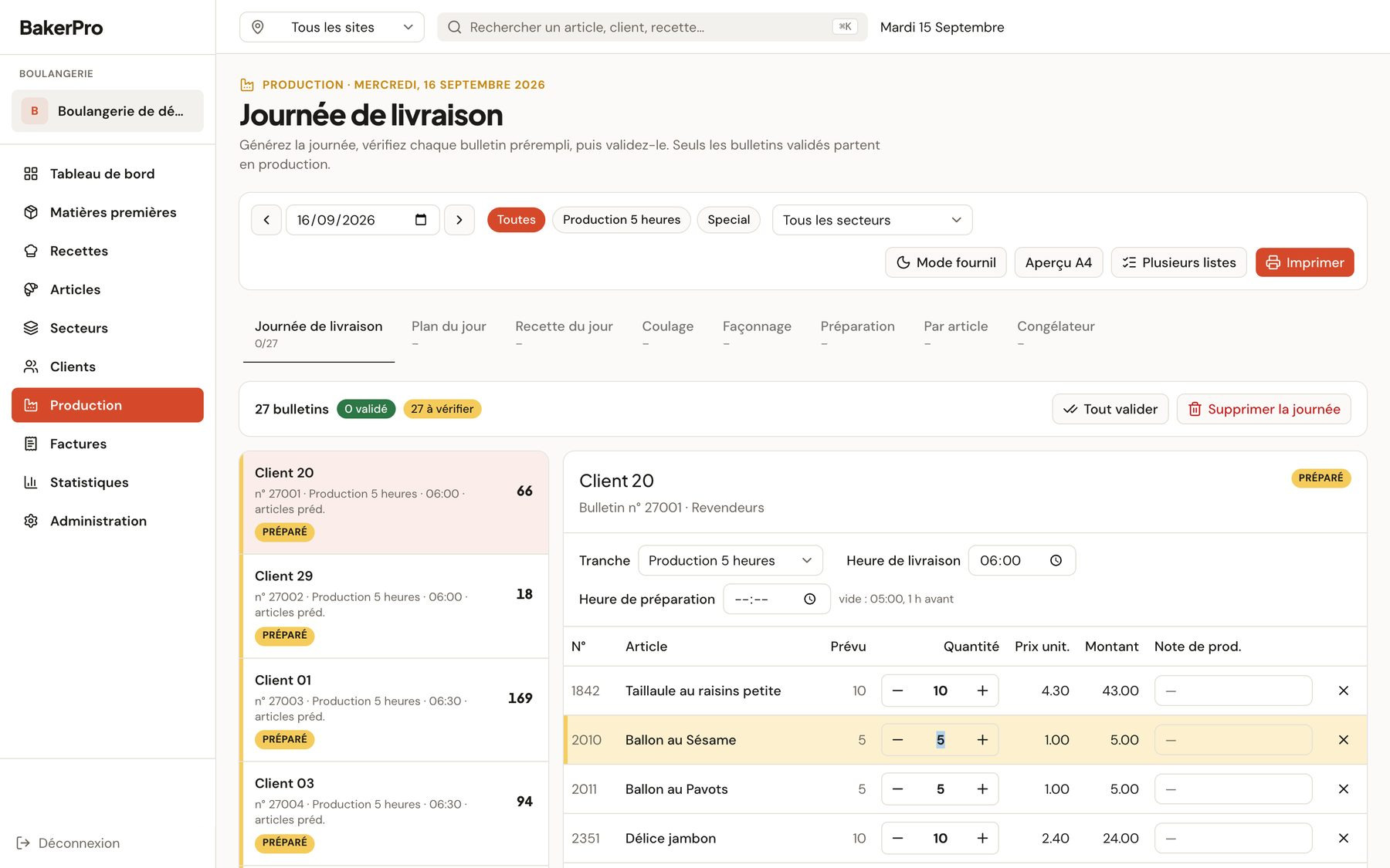 Écran « Journée de livraison » : liste des bulletins préremplis à gauche, bulletin du client 20 à droite avec la ligne en cours de saisie surlignée.